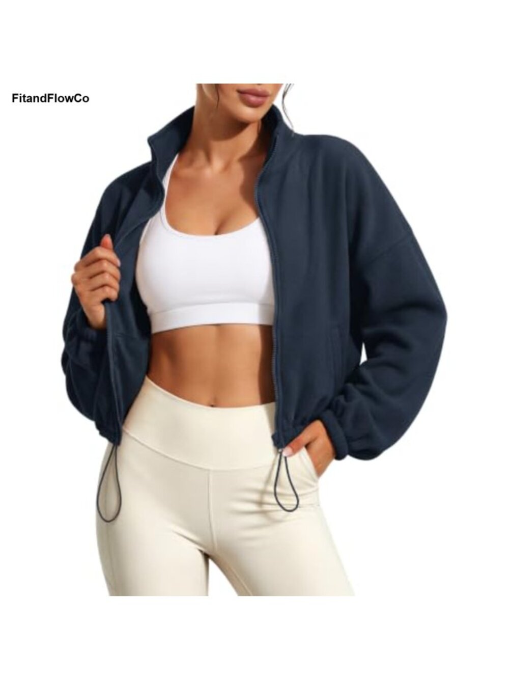 Cropped Fleece Jacket Full Zip Sherpa Sweatshirt Drawstring Hem Pockets
